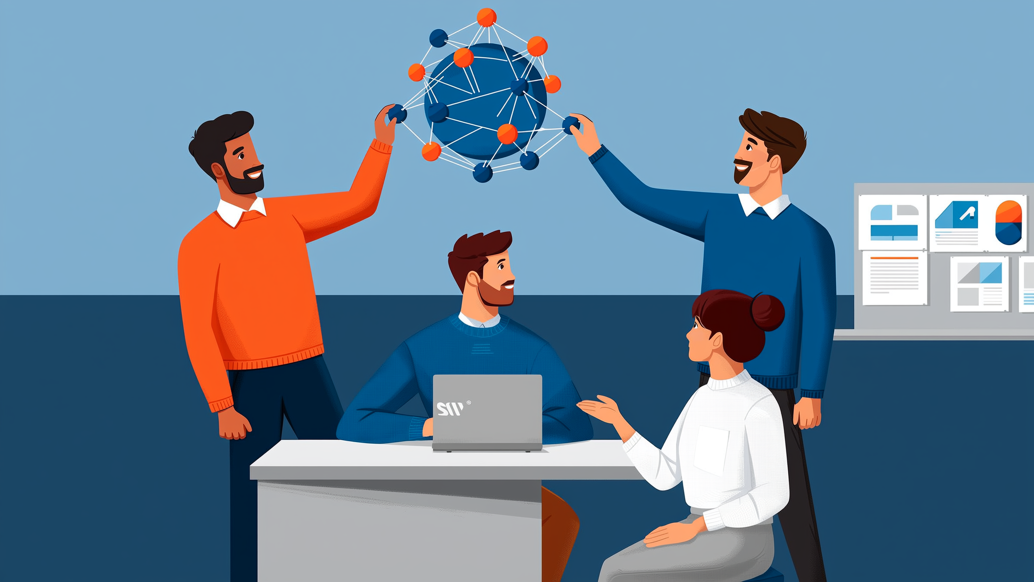 Modern flat vector illustration showing the AI Discovery ecosystem with data signal connections in blue and orange.
