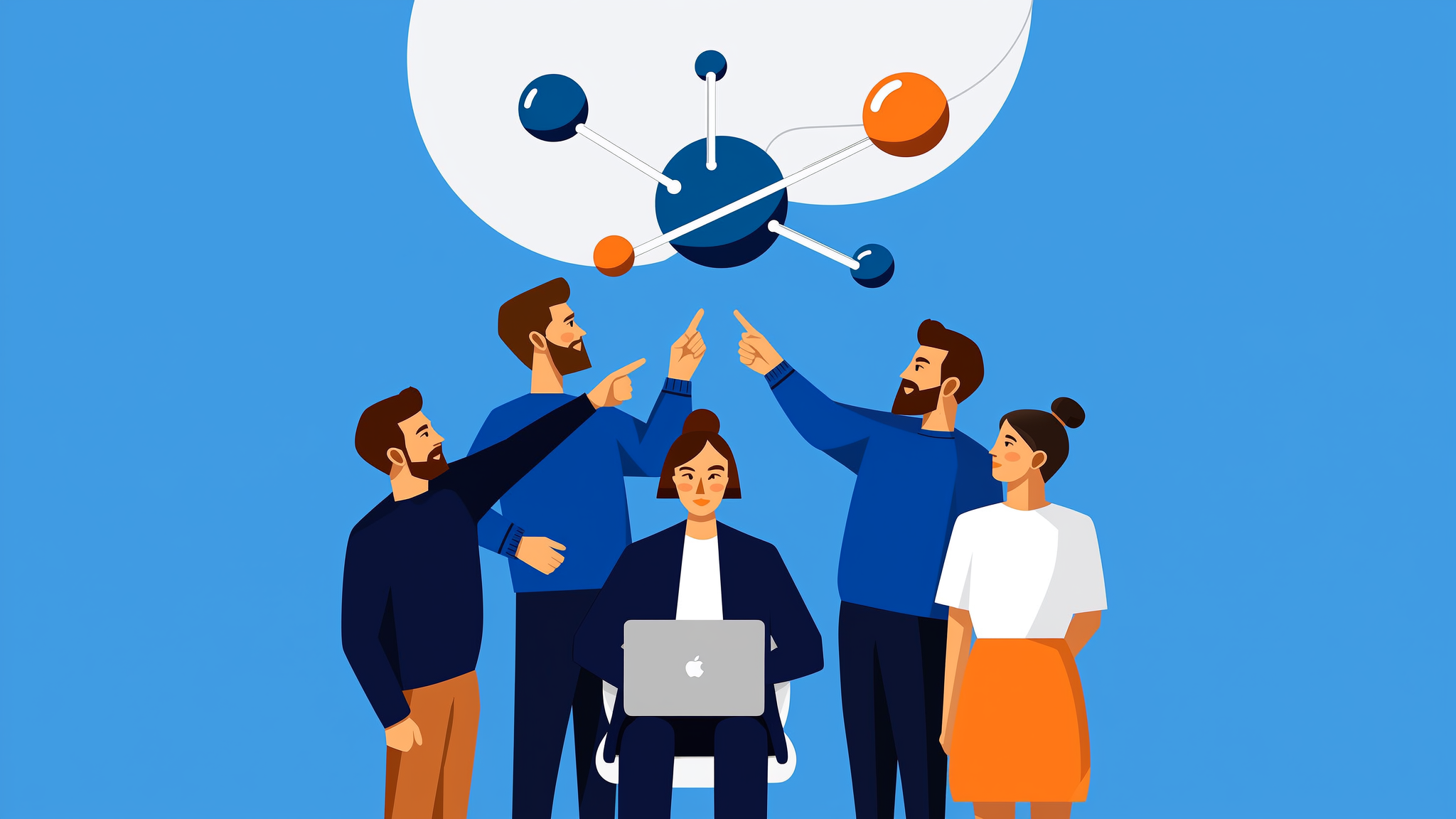 Flat vector illustration of digital data signals connecting to build brand authority through an AI citation builder.