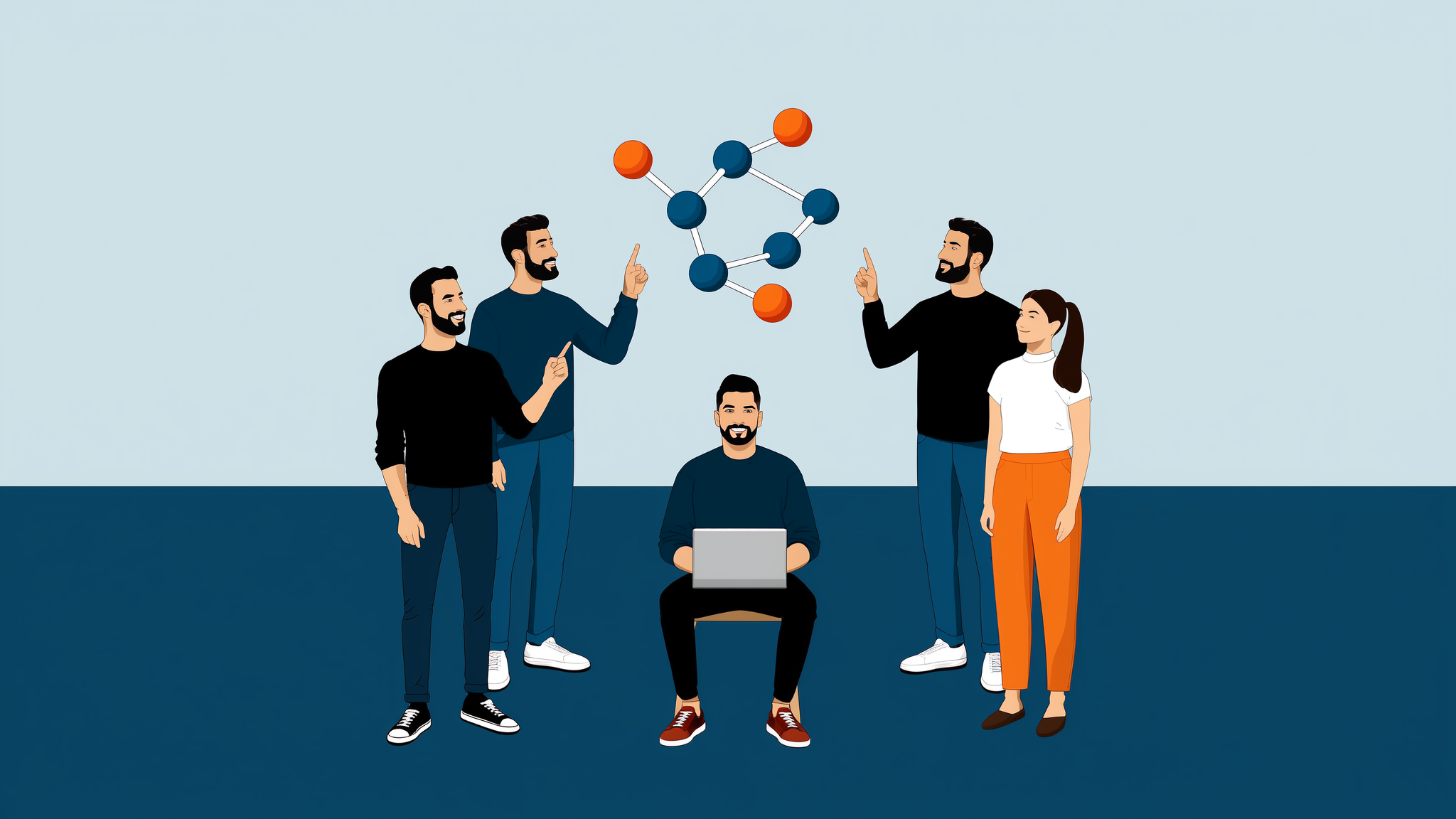 Modern flat vector illustration showing a brand's visibility and data flow across multiple generative AI platforms.
