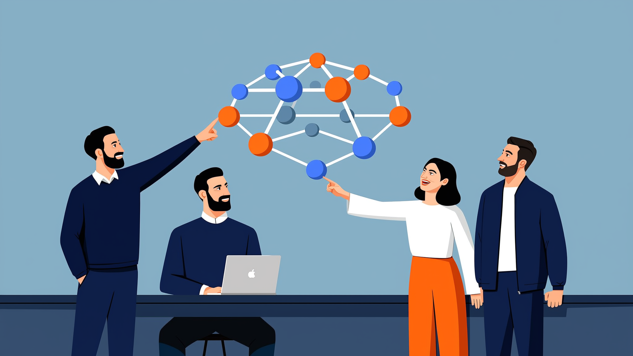 Flat vector illustration of a data orchestration hub showing source signal management for AI discovery in a professional 2026 office setting.
