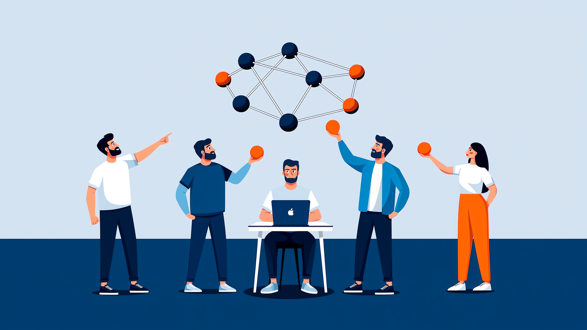 Abstract flat vector illustration of an AI-driven content distribution engine and network for 2026.