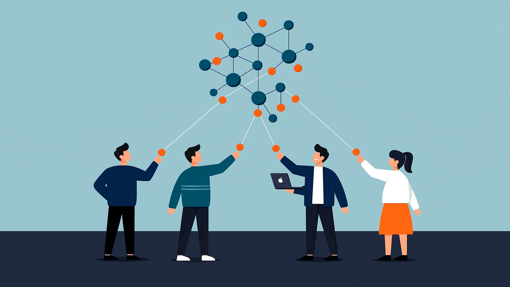 A flat vector illustration of a central GEO activation platform hub distributing data signals to various AI search engines, designed in brand blue and orange.