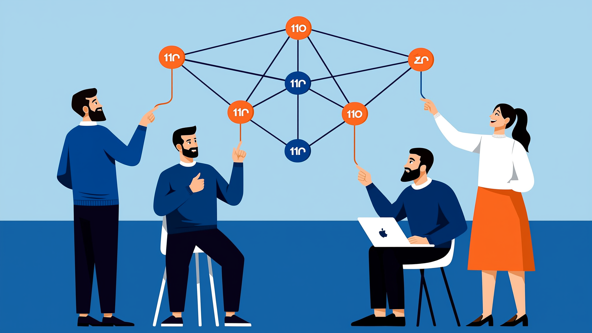 Abstract flat vector illustration showing a network of digital source signals connecting to a central brand authority node in a modern 2026 office setting.