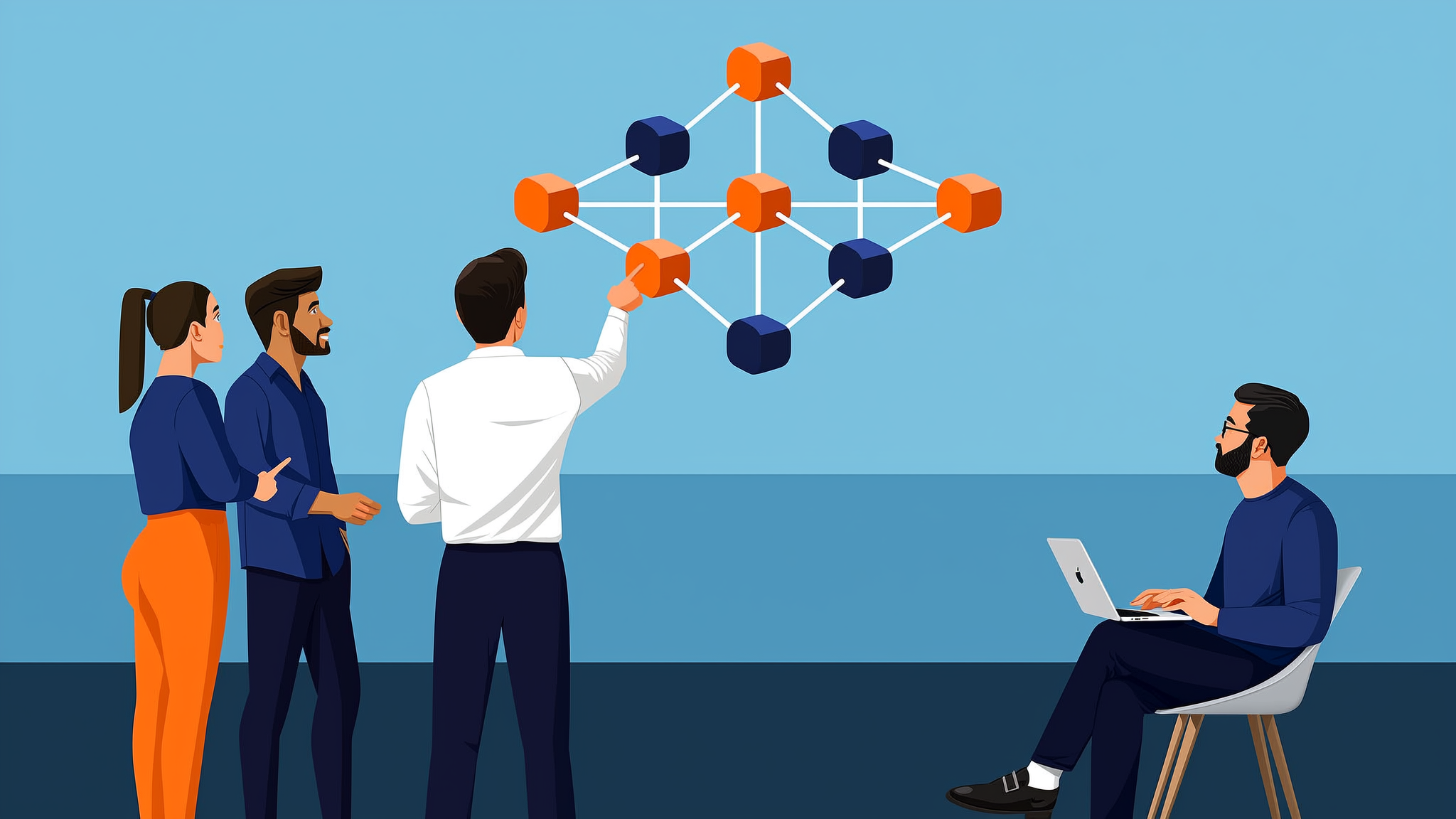 A flat vector illustration representing strategic AI search competitor analysis with interconnected data nodes and brand colors.
