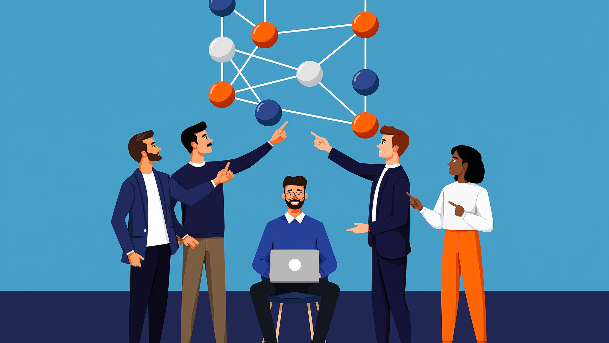 A flat vector illustration showing an AI knowledge core connected to verified data sources with citation lines and checkmarks in blue and orange.