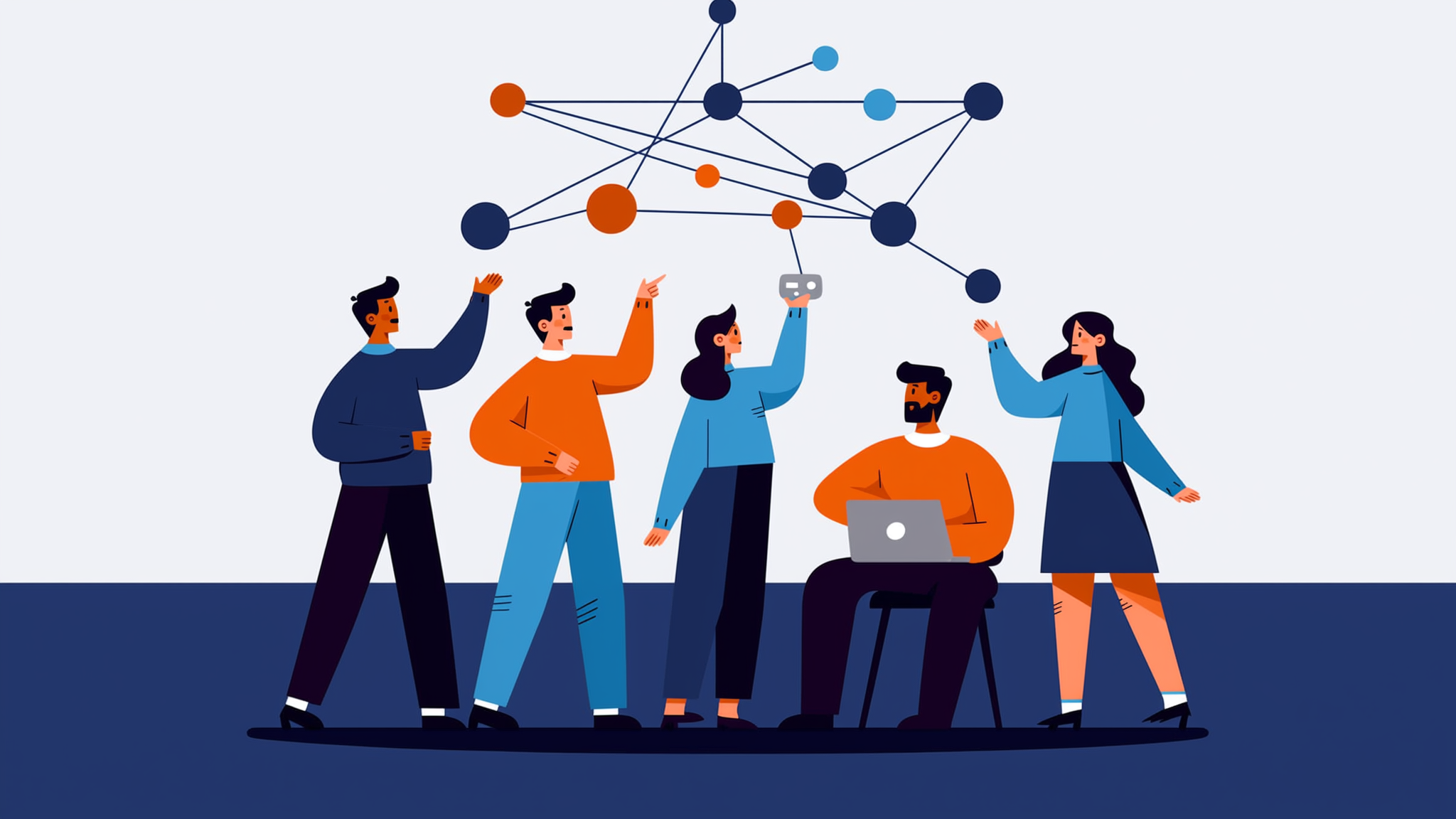 A flat vector illustration representing the flow of brand data being activated and synthesized into AI generative search results.