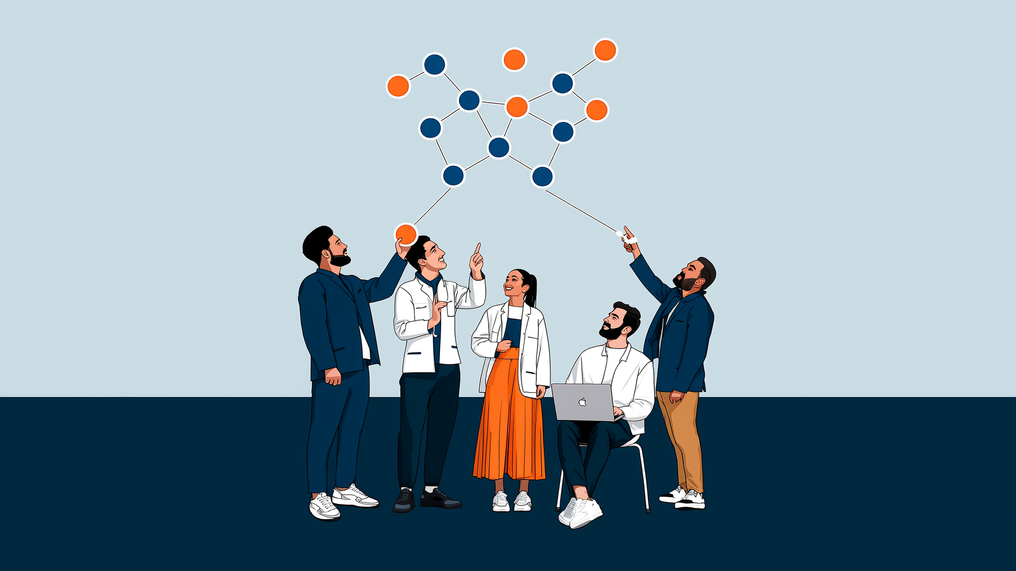 Flat vector illustration showing a brand icon centered within a complex semantic AI knowledge network.