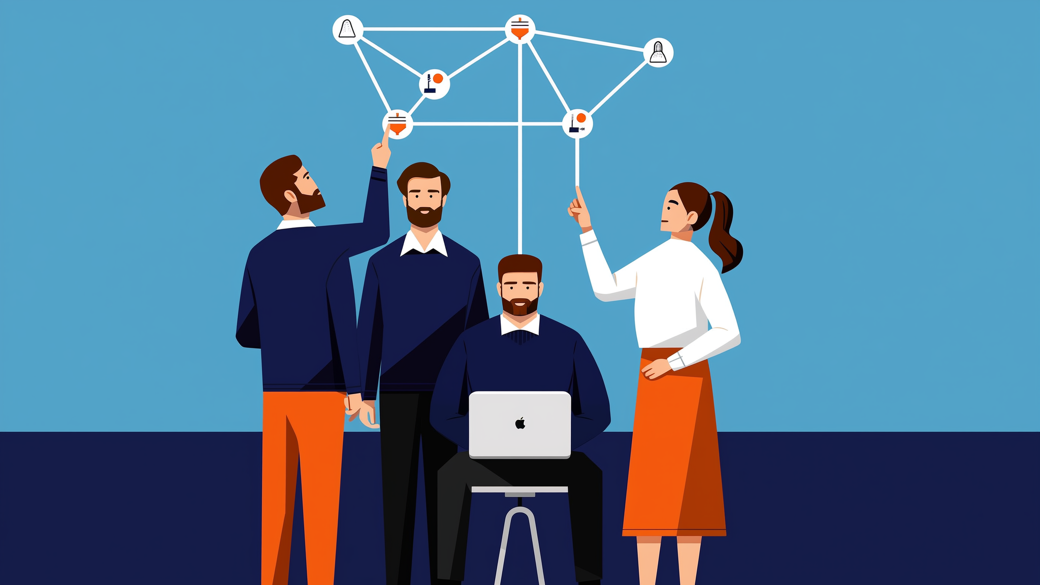 A flat vector illustration representing brand authority as a central node connected to a network of digital data points in blue and orange colors.