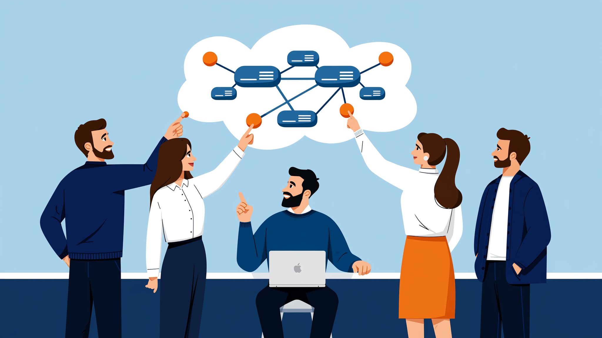 A flat vector illustration showcasing an abstract AI knowledge graph and brand citation network in corporate blue and orange colors.