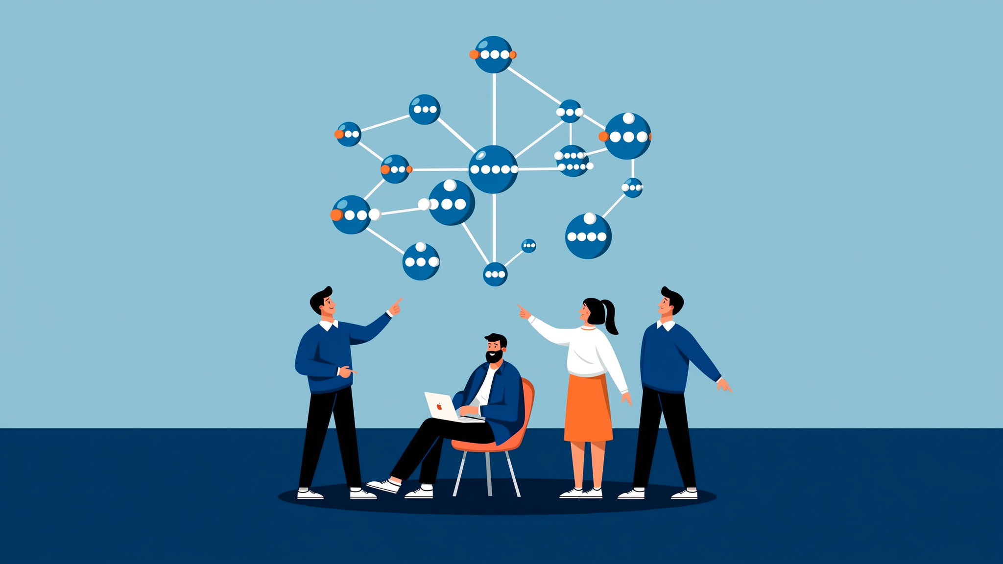 Modern flat vector illustration showing generative AI brand mention analytics and data synthesis using brand blue and orange colors.