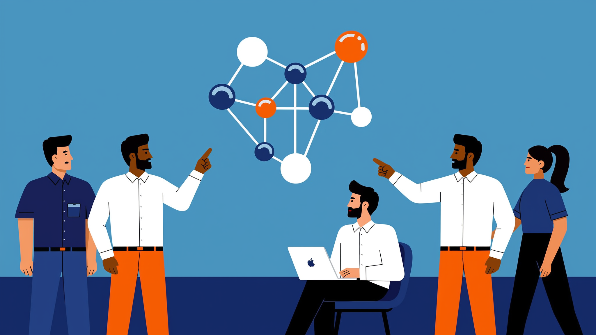 Abstract flat vector illustration showing AI selection probability and data nodes in brand blue and orange colors.