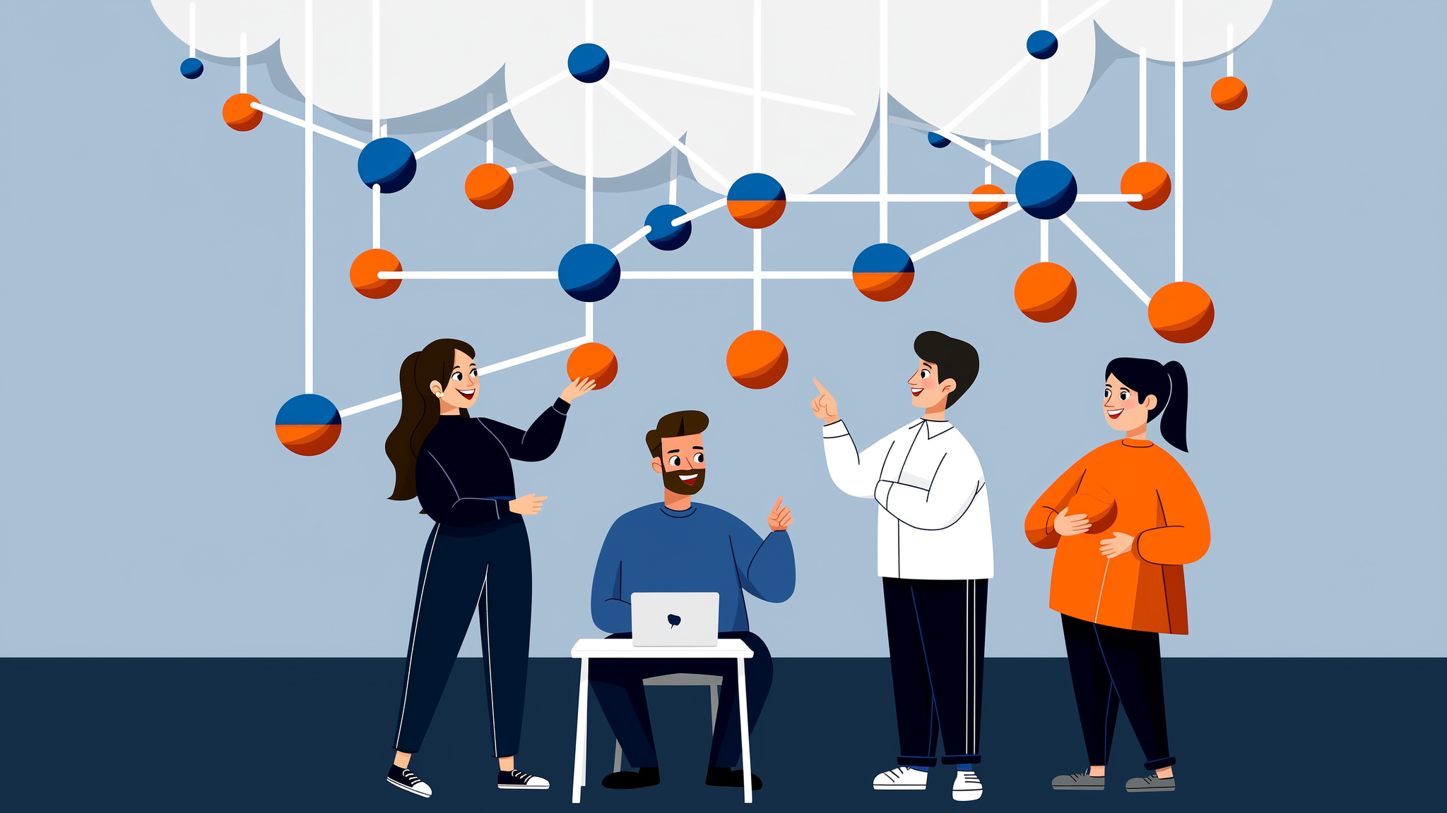 A modern flat vector illustration representing an LLM brand visibility report with data nodes and brand signals in blue and orange colors.