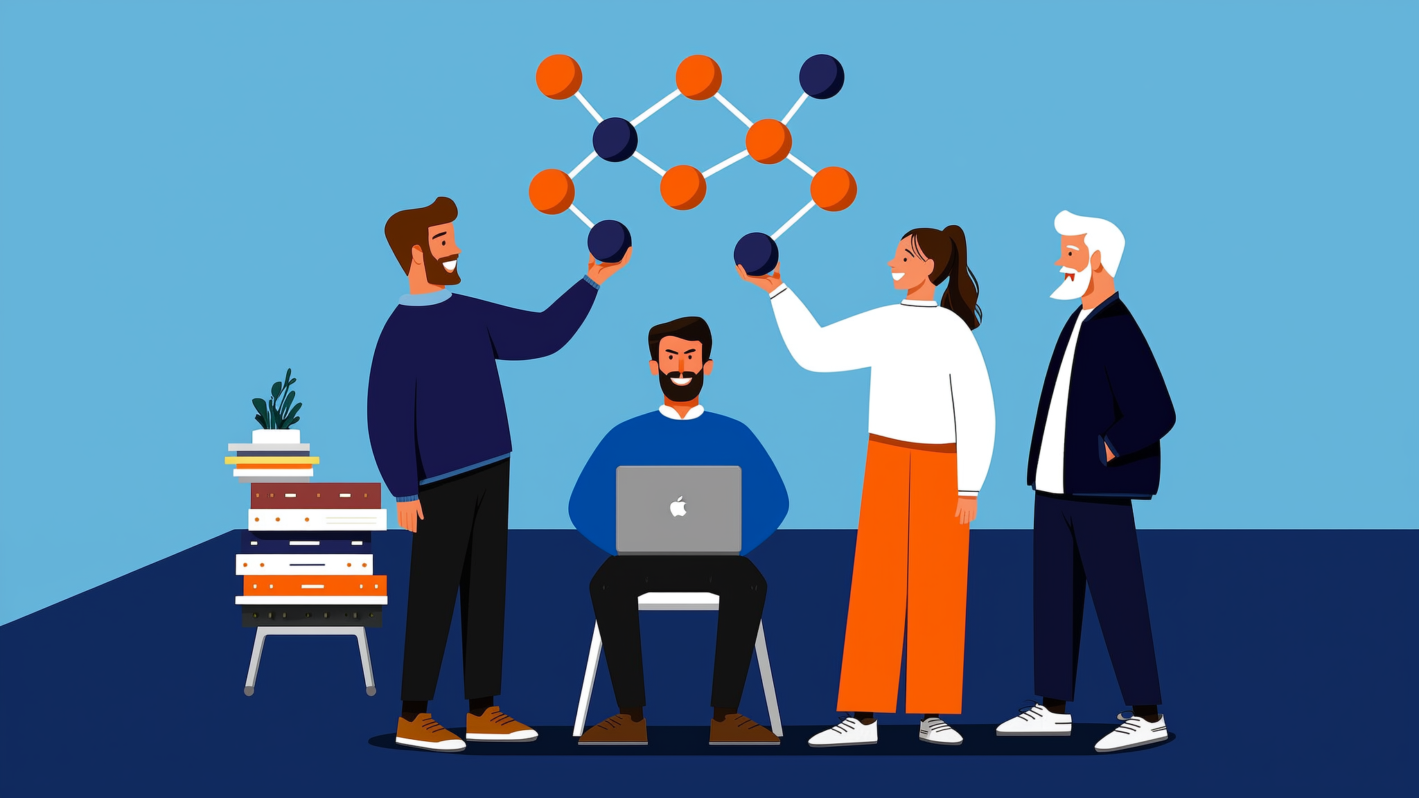 Modern flat vector illustration representing the evolution of AI search marketing infrastructure and semantic data networks.