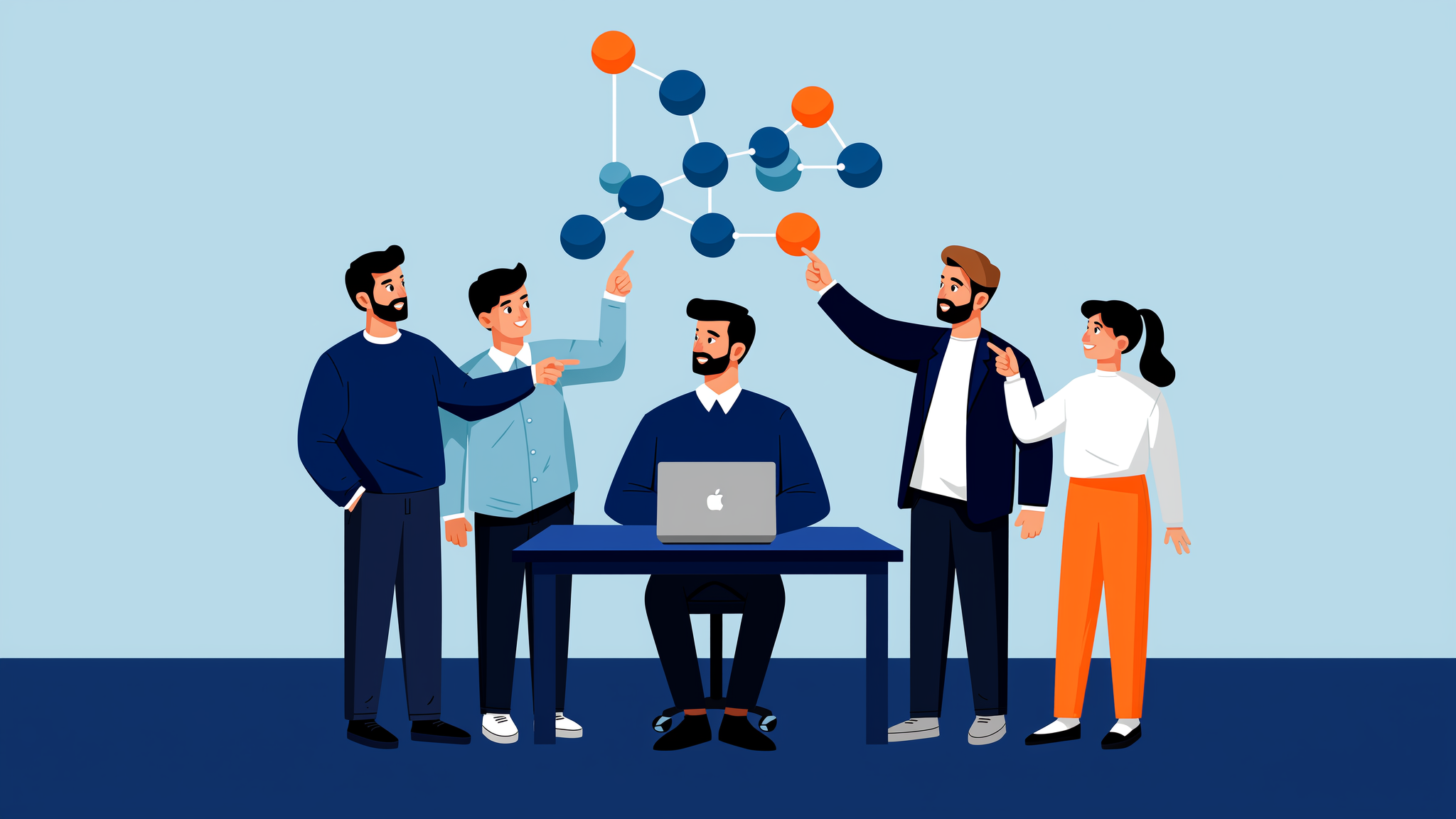 Flat vector illustration depicting brand citations within a central AI-generated answer hub using blue and orange geometric elements.