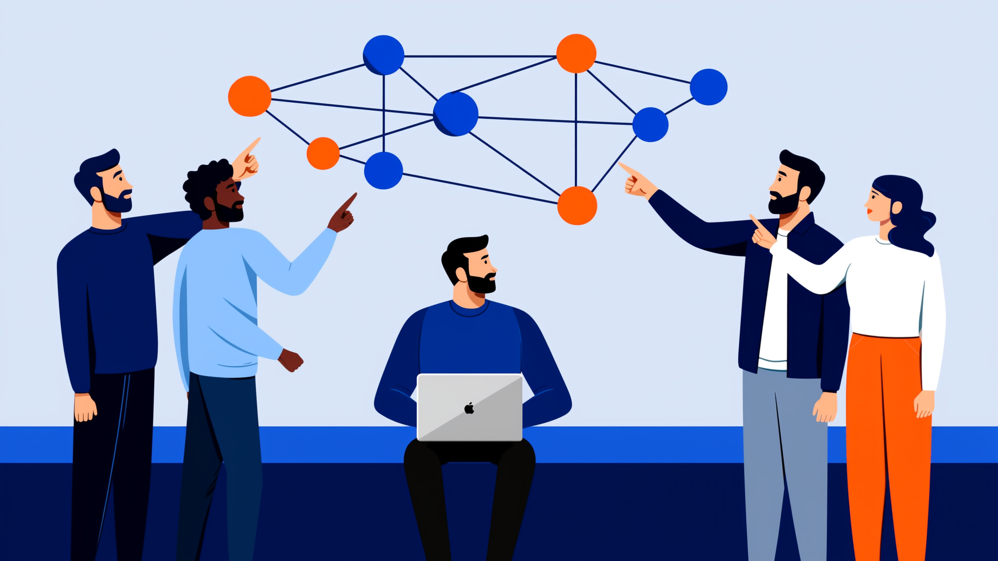 Flat vector illustration of a strategic AI-driven competitor analysis dashboard with data nodes and monitoring signals.