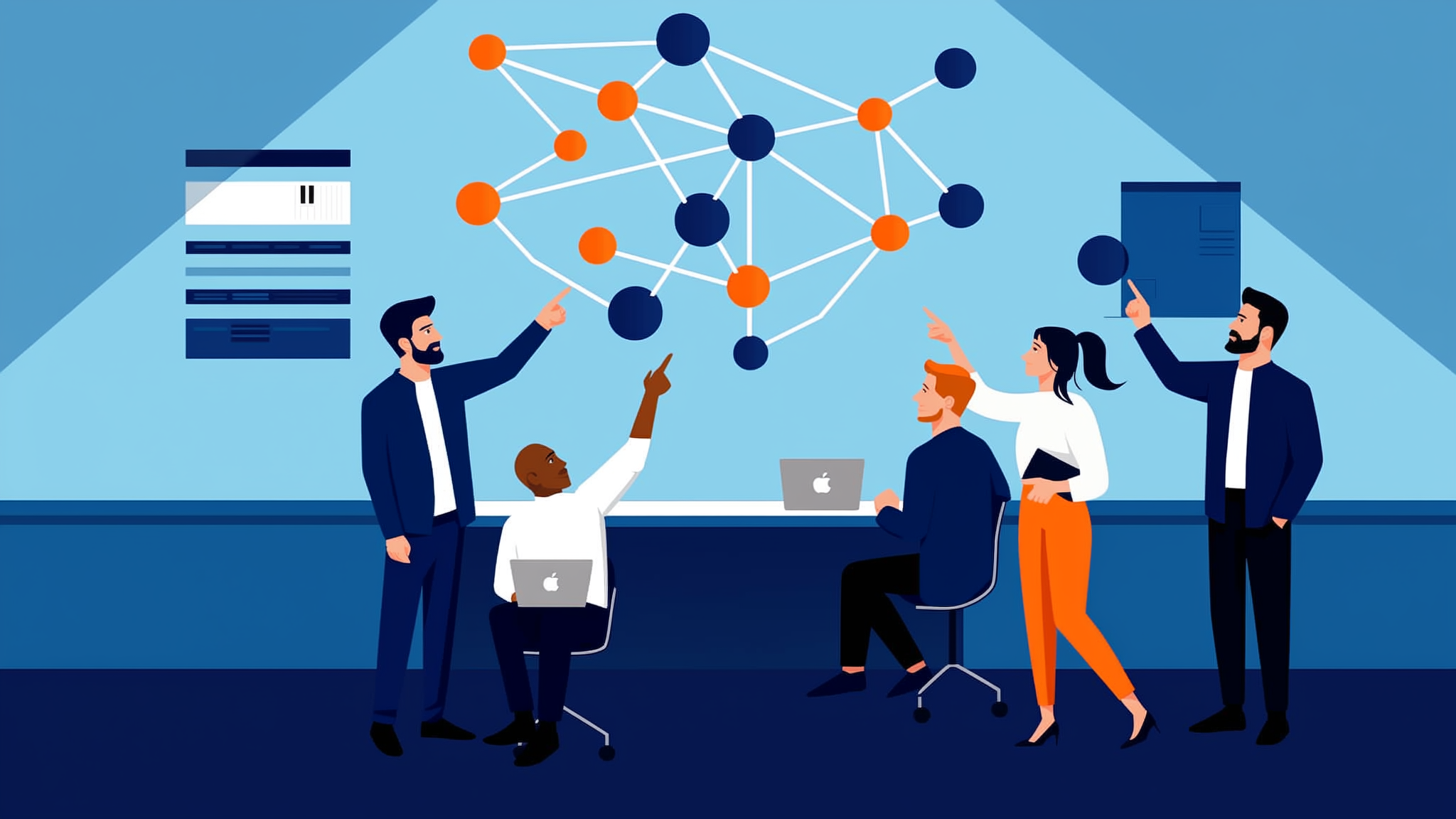 A flat vector illustration showing AI-driven multi-channel content distribution orchestration in brand colors.