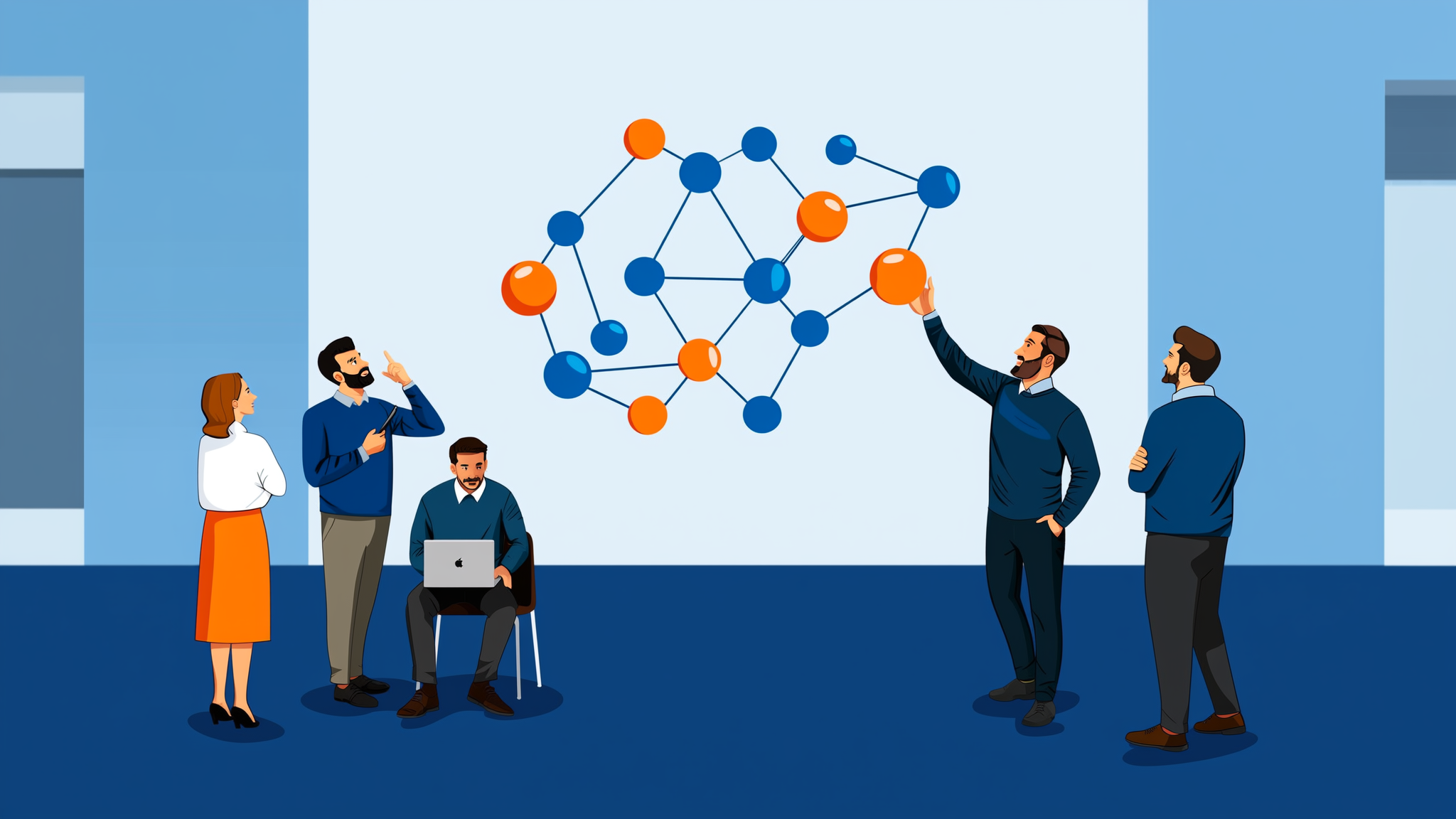 Abstract flat vector illustration showing AI search source signals and data connectivity in a minimalist 2026 style.