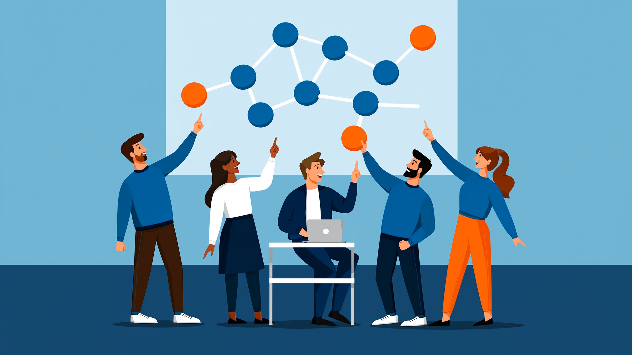 Abstract flat vector illustration representing a strategic roadmap for generative AI marketing analytics in 2026 featuring brand blue and orange colors.