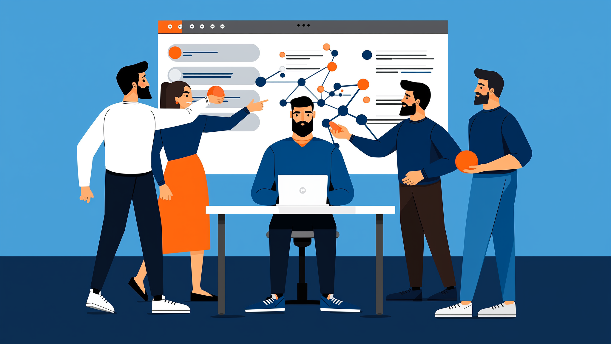 Abstract flat vector illustration representing AI search optimization and digital brand visibility with data networks.