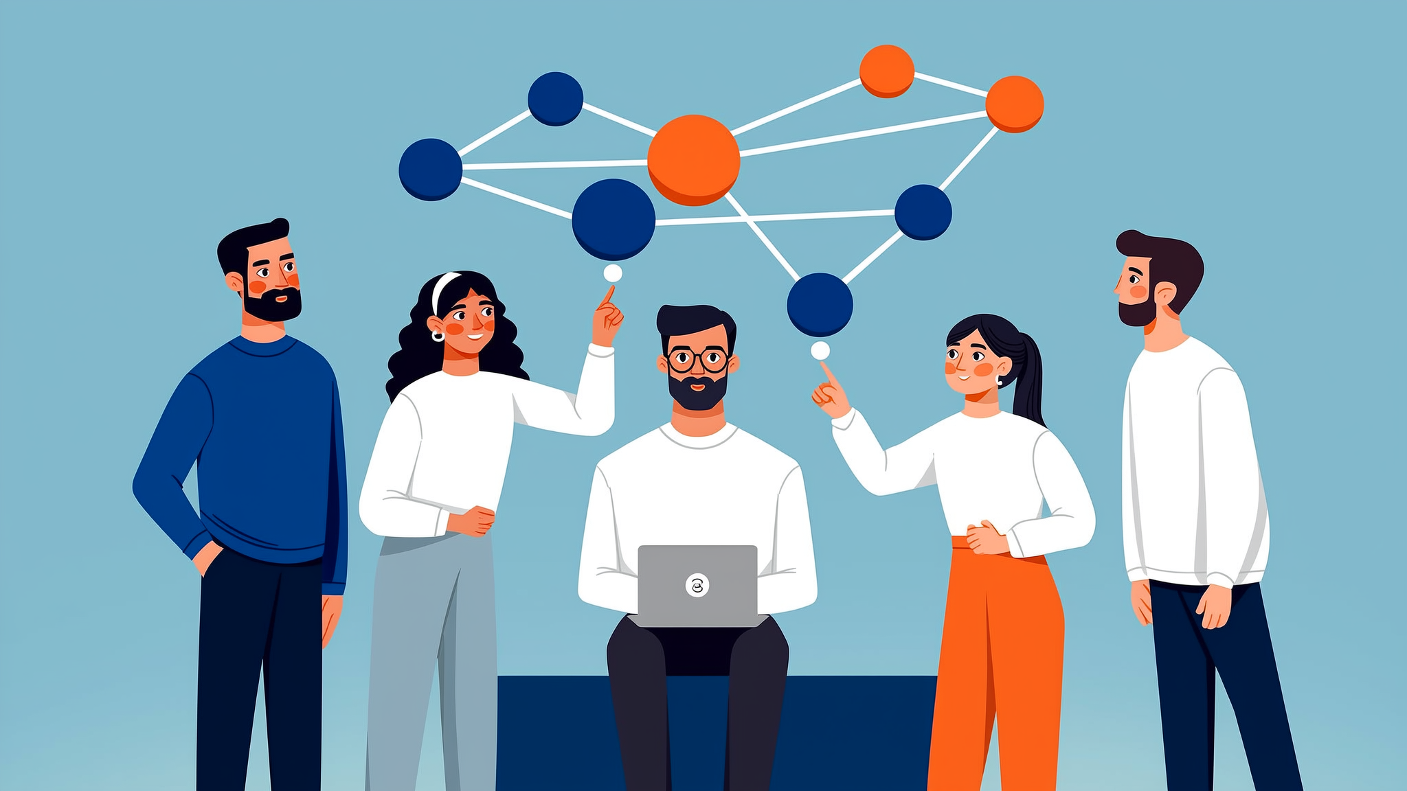 Flat vector illustration representing AI search engine optimization and data visibility in brand blue and orange colors.