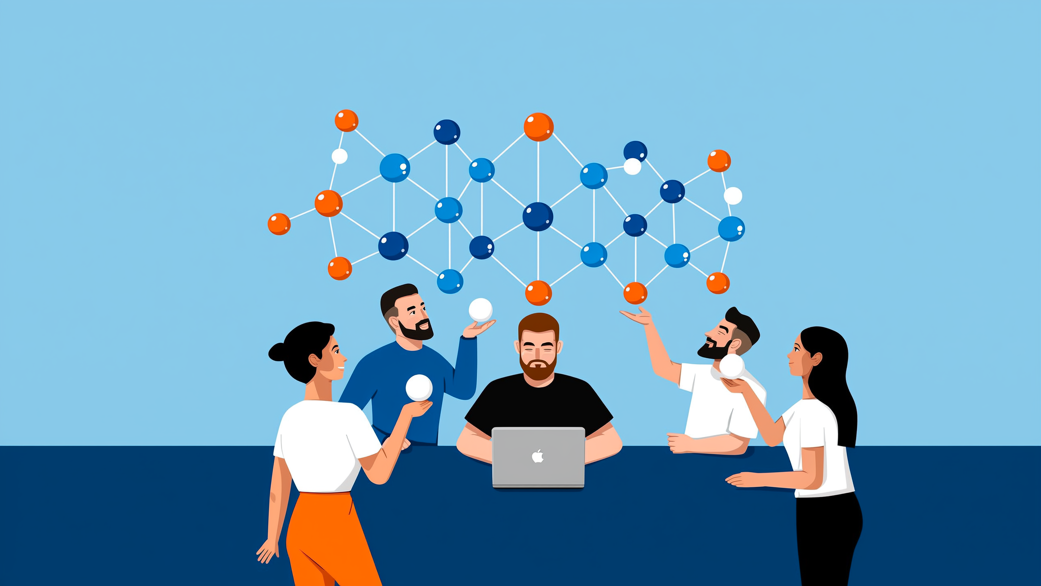 A flat vector illustration representing the concept of Generative Search Engine Marketing with interconnected digital data nodes in blue and orange.