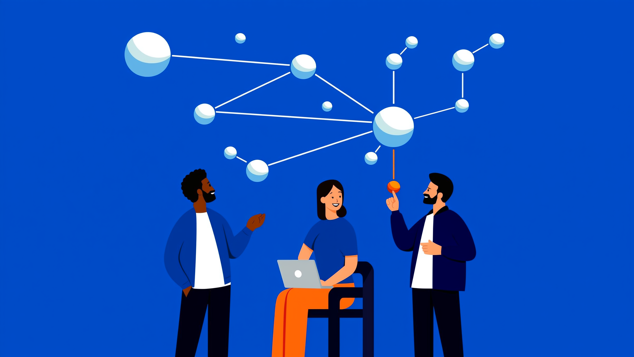 A professional brand character observing abstract digital data streams and geometric nodes representing AI search optimization in a modern workspace.
