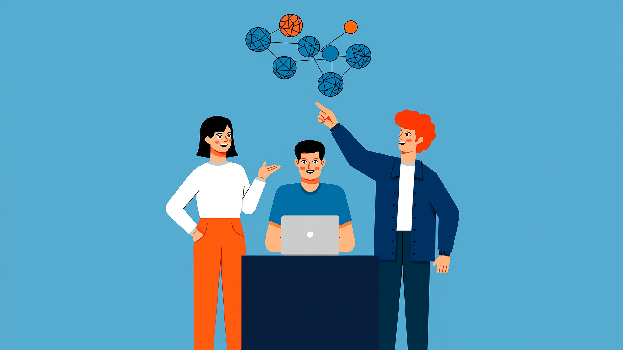 A flat blue-toned illustration showing a character observing the shift from traditional search grids to AI-generated citation networks.