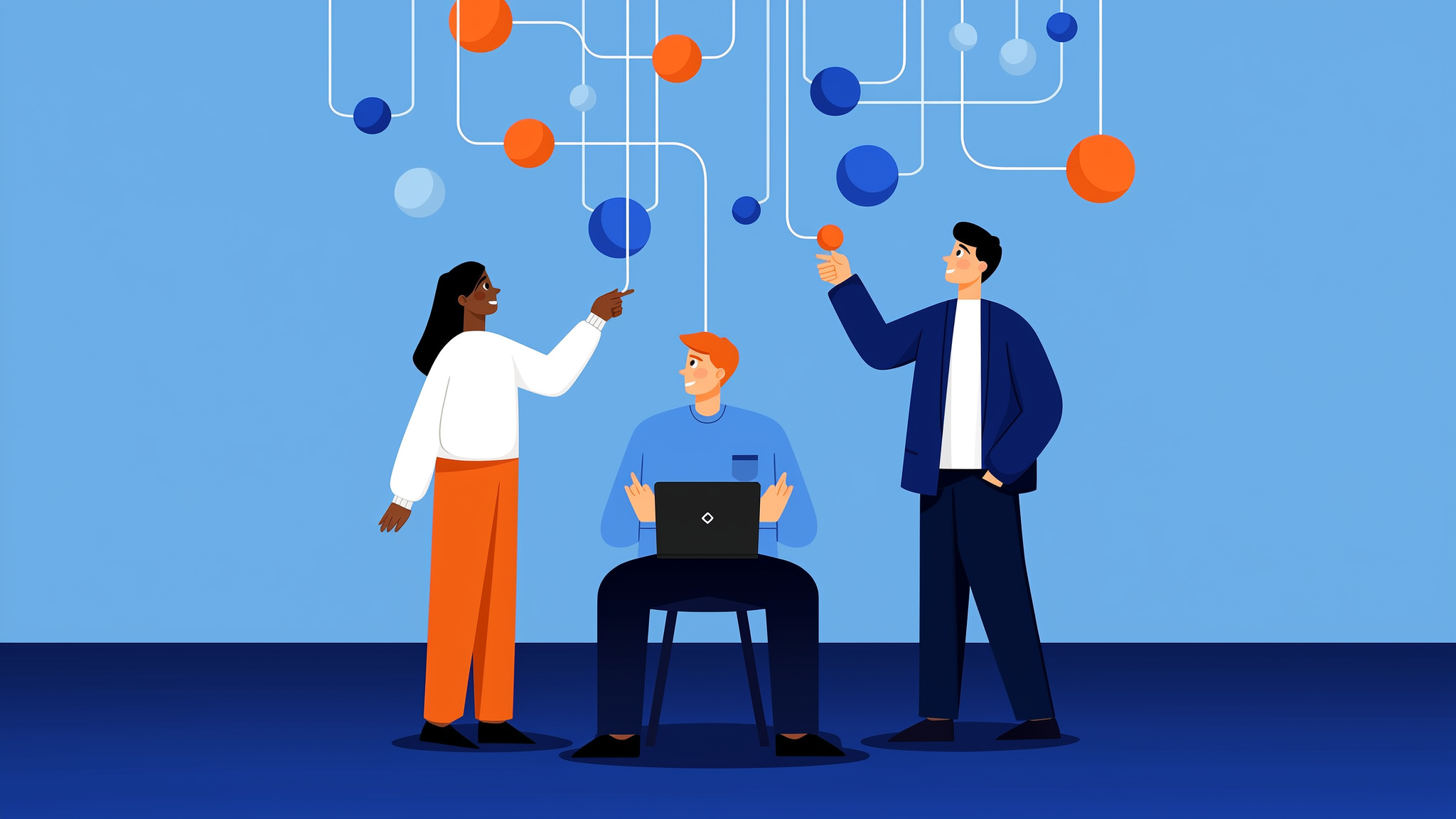 A professional brand character in a blue-toned illustration selecting an authoritative citation source from a network of glowing data nodes.