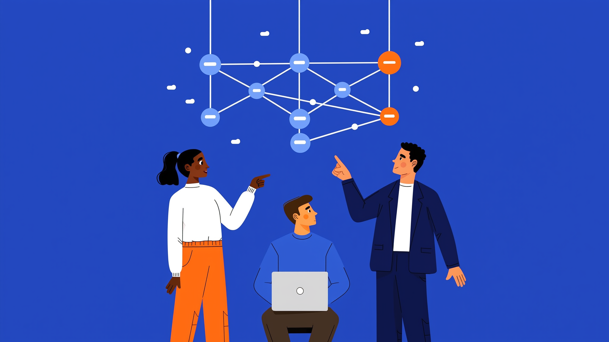 Abstract blue-toned illustration of a brand character interacting with digital data streams in a modern setting.