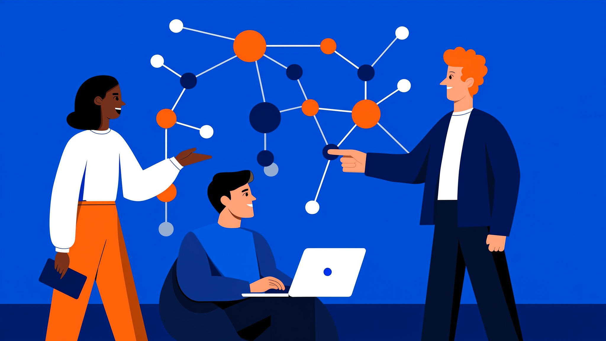 Flat illustration of a digital professional observing a network of AI data nodes representing generative search visibility.