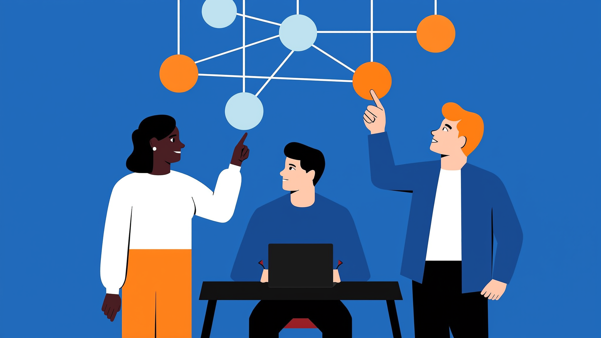 Strategic illustration of a professional character overlooking an AI-driven information network in blue tones.