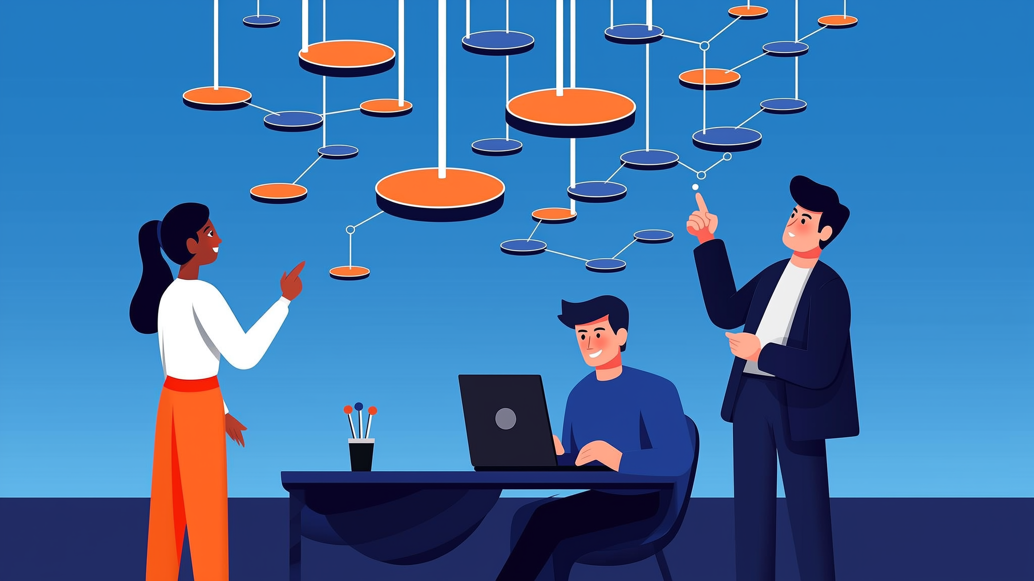 A professional flat illustration of a brand character organizing abstract data nodes and geometric structures in a blue-toned modern office environment.
