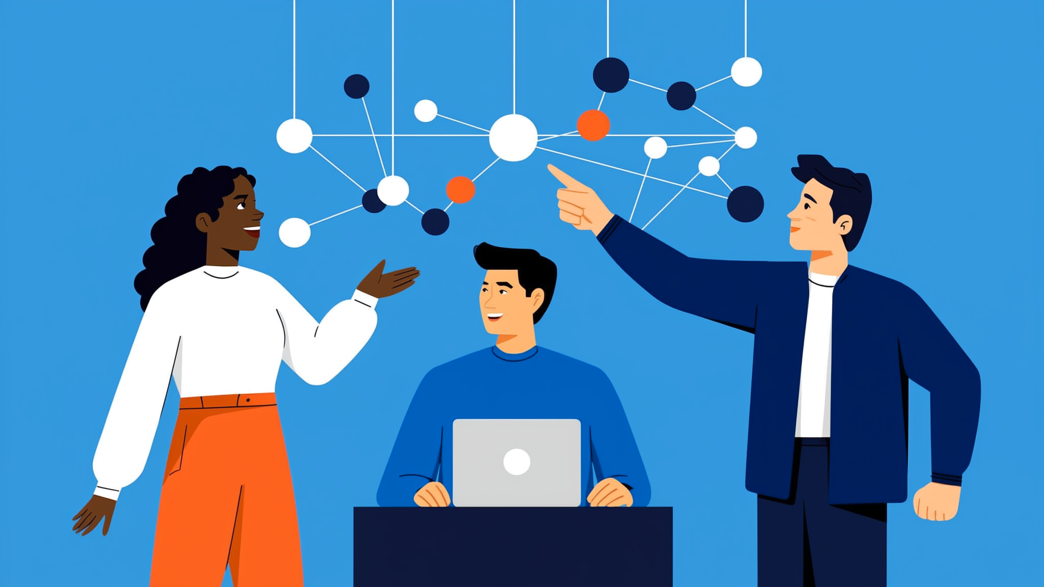 A professional silhouette interacting with a glowing blue AI discovery data network in a modern 2026 office.