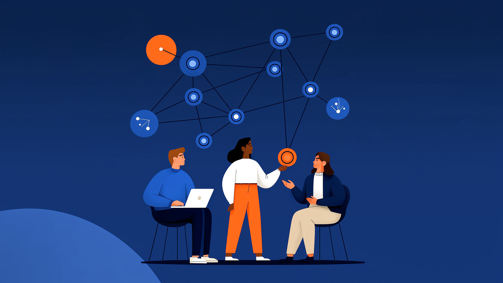 Modern flat illustration of a professional character interacting with abstract neural data patterns in a blue-toned office setting.