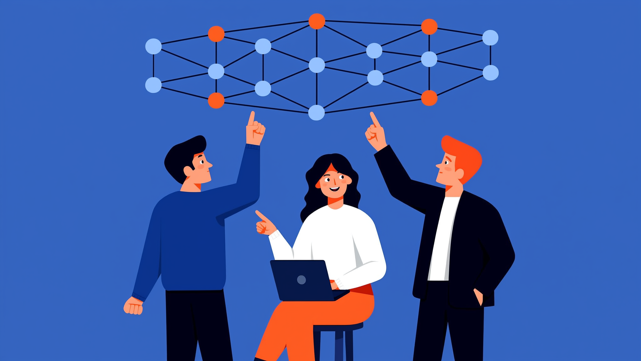 A professional flat illustration of an AI discovery ecosystem with data nodes and brand signals in 2026, featuring a brand character from behind.