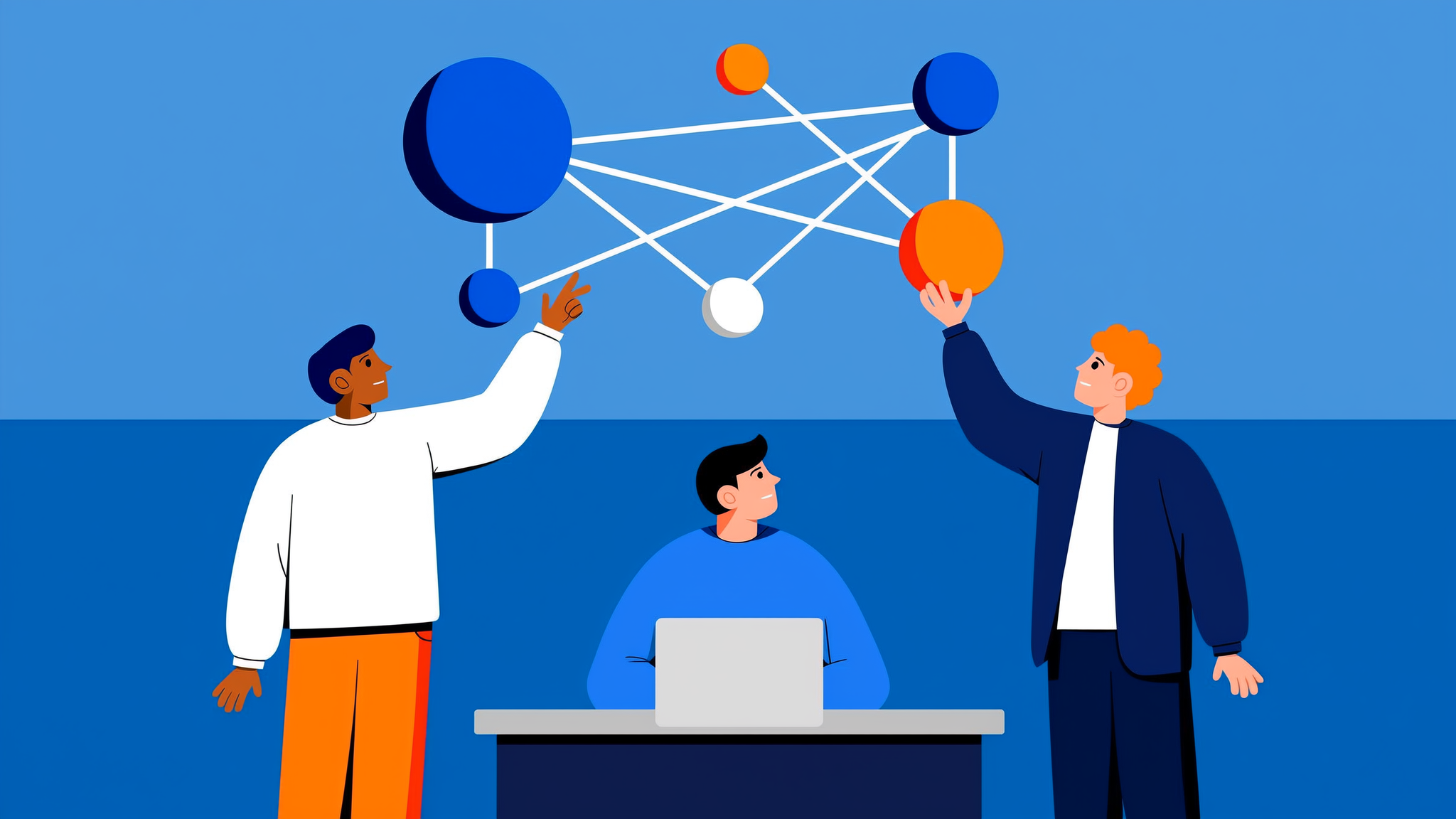 A professional flat illustration of abstract AI data flows and brand visibility signals in a blue-toned modern setting.