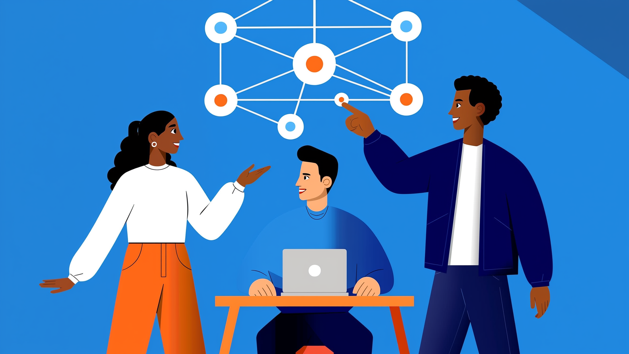 A professional character in a blue-toned flat illustration style observing abstract data streams and glowing light nodes representing AI search visibility.