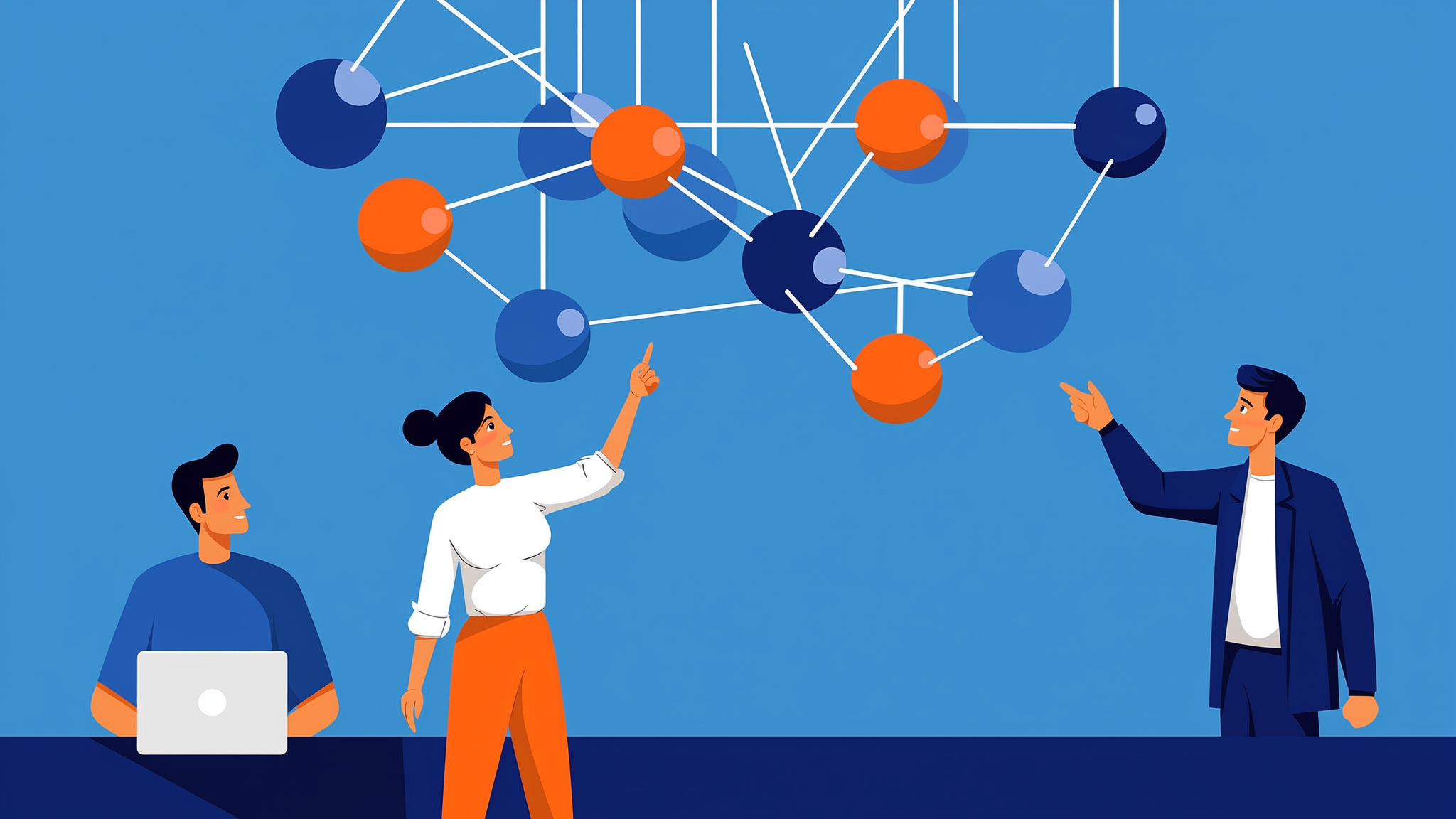 A flat illustration of a brand character managing abstract data streams during a website migration in a modern AI search landscape, featuring professional blue tones.