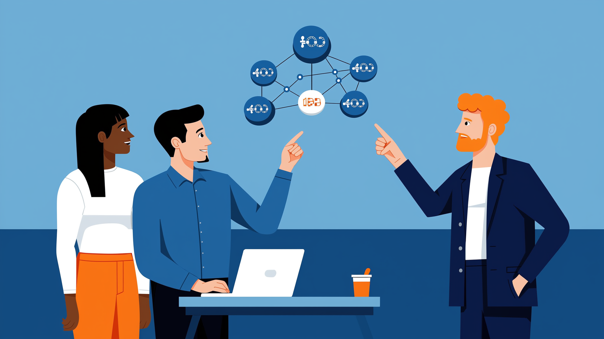 A blue-toned flat illustration of a strategist identifying information gaps in an abstract data landscape to build AI authority.
