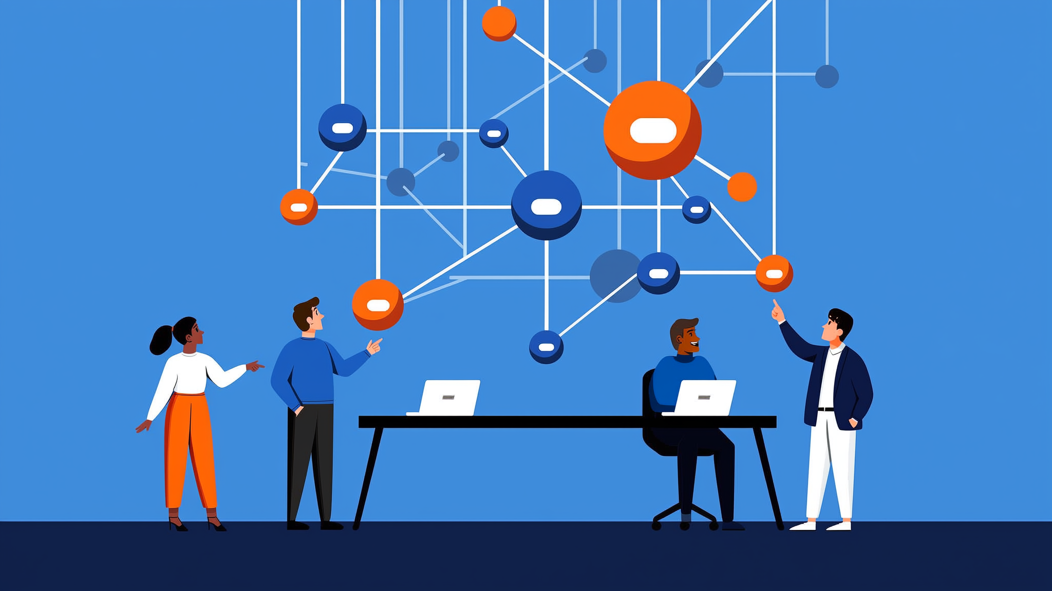 A professional flat illustration depicting digital data flows and community nodes in a modern blue-toned office environment representing AI search sentiment analysis.
