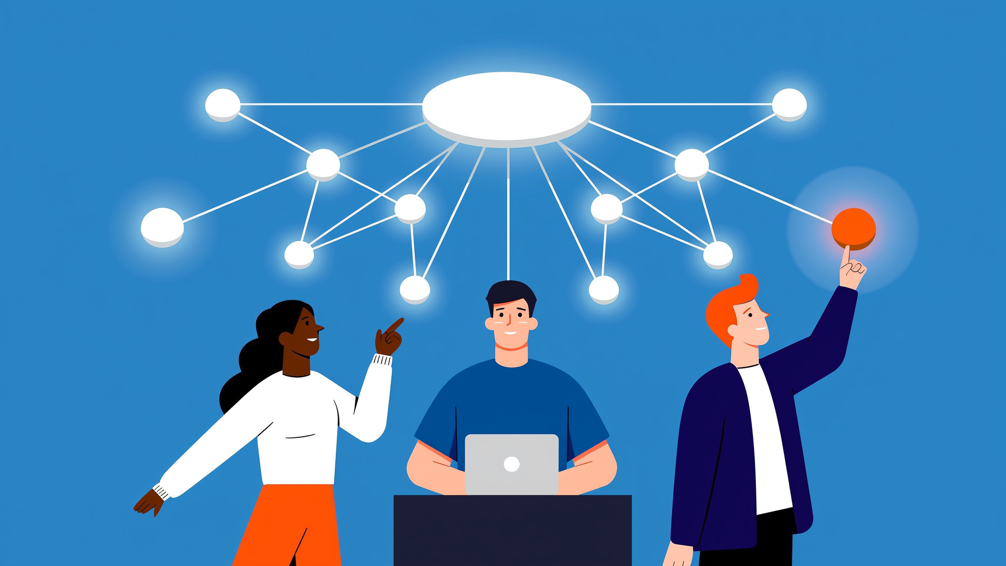 A brand character silhouette observing a blue-toned abstract vector space representing AI semantic relationships.