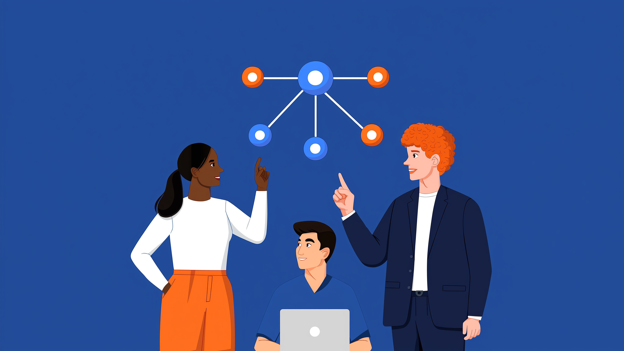 A professional observing a interconnected network of AI platforms and data signals in a contemporary blue-toned flat illustration.