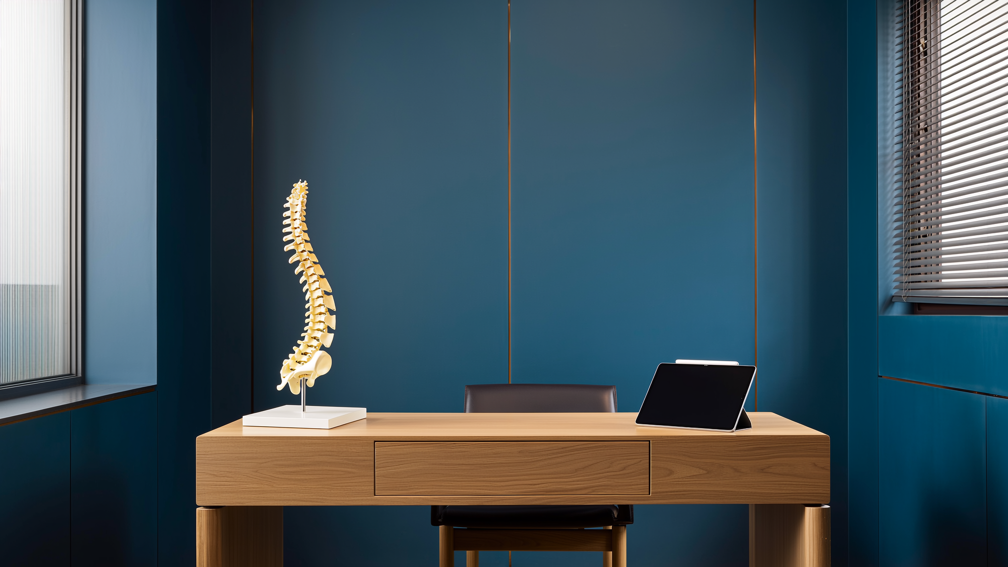 A modern 2026 professional Korean medicine consultation room featuring a spinal anatomy model and clinical equipment.