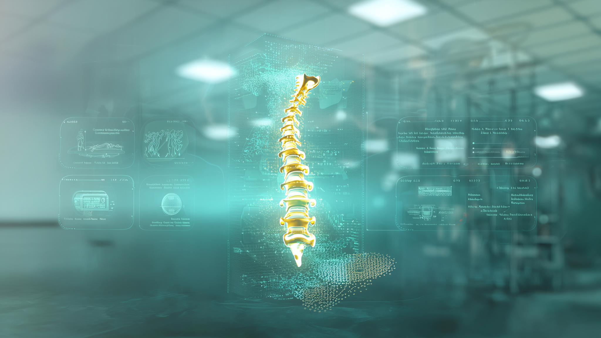 An integrative medical visualization combining digital spinal analysis data with a modern clinical atmosphere.
