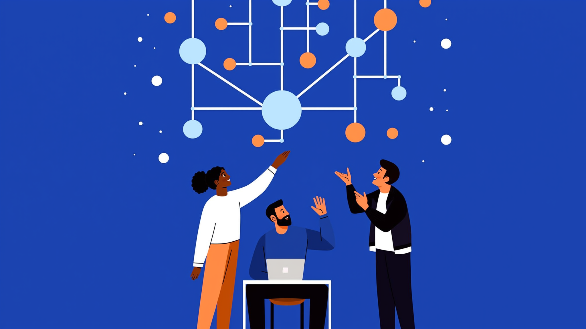A professional blue-themed flat illustration of a character managing a network of abstract digital data signals in a modern 2026 office setting.