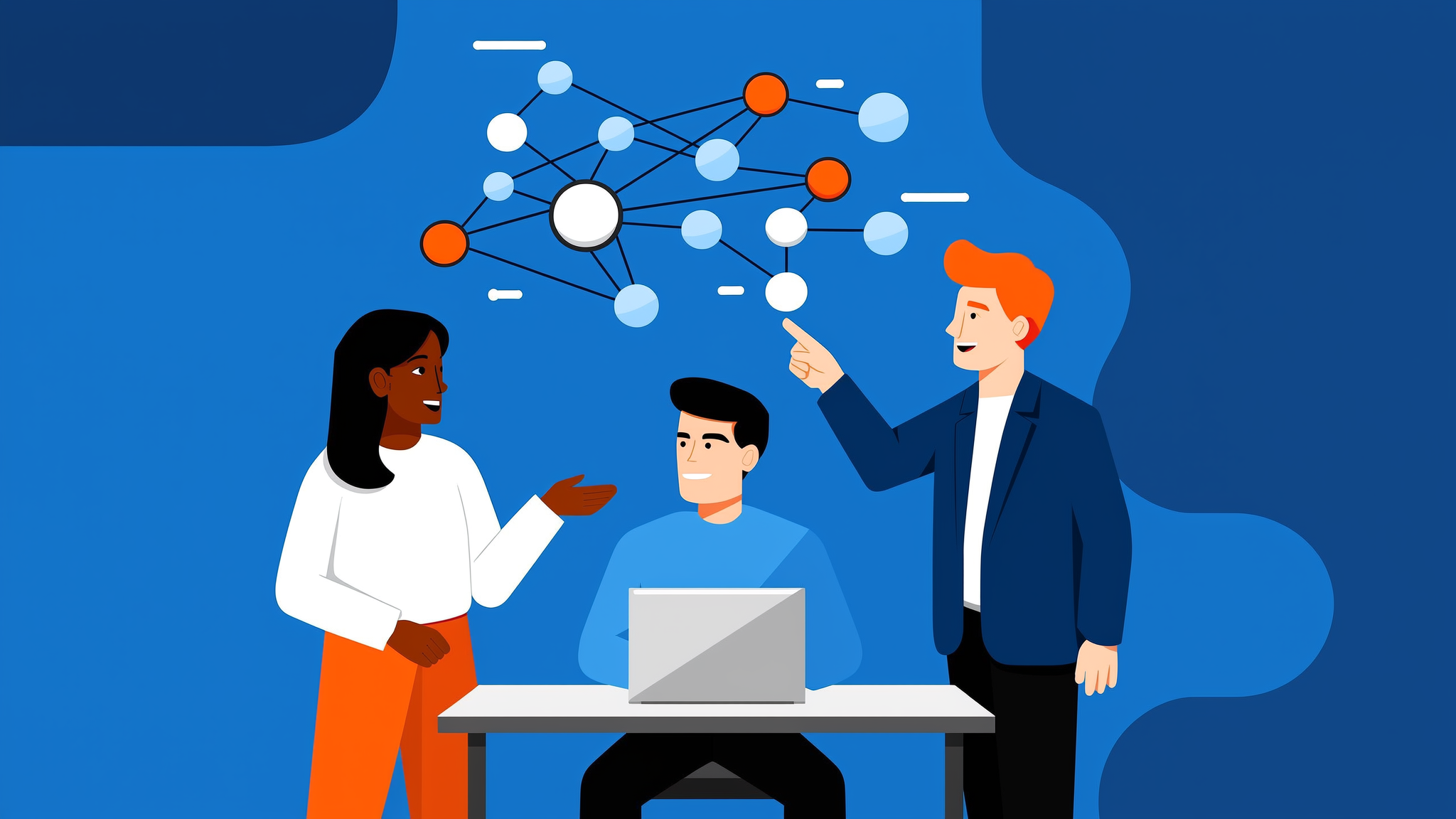A professional flat illustration in blue tones showing an abstract data synthesis process representing AI content activation and brand visibility.