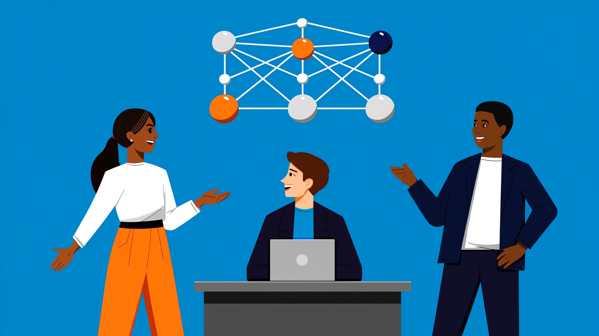 A flat blue-tone illustration depicting a brand's presence within an abstract AI data network.