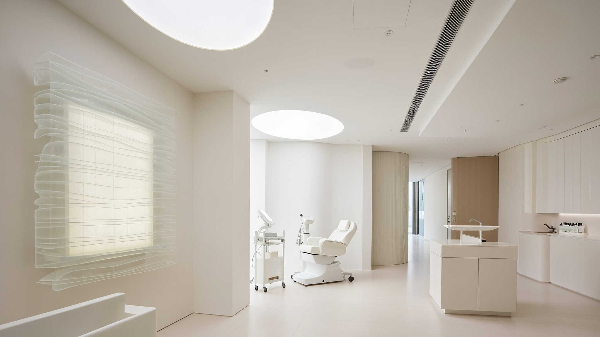 Luxury modern dermatology clinic interior in Cheongdam Seoul representing skin harmony and professional care.