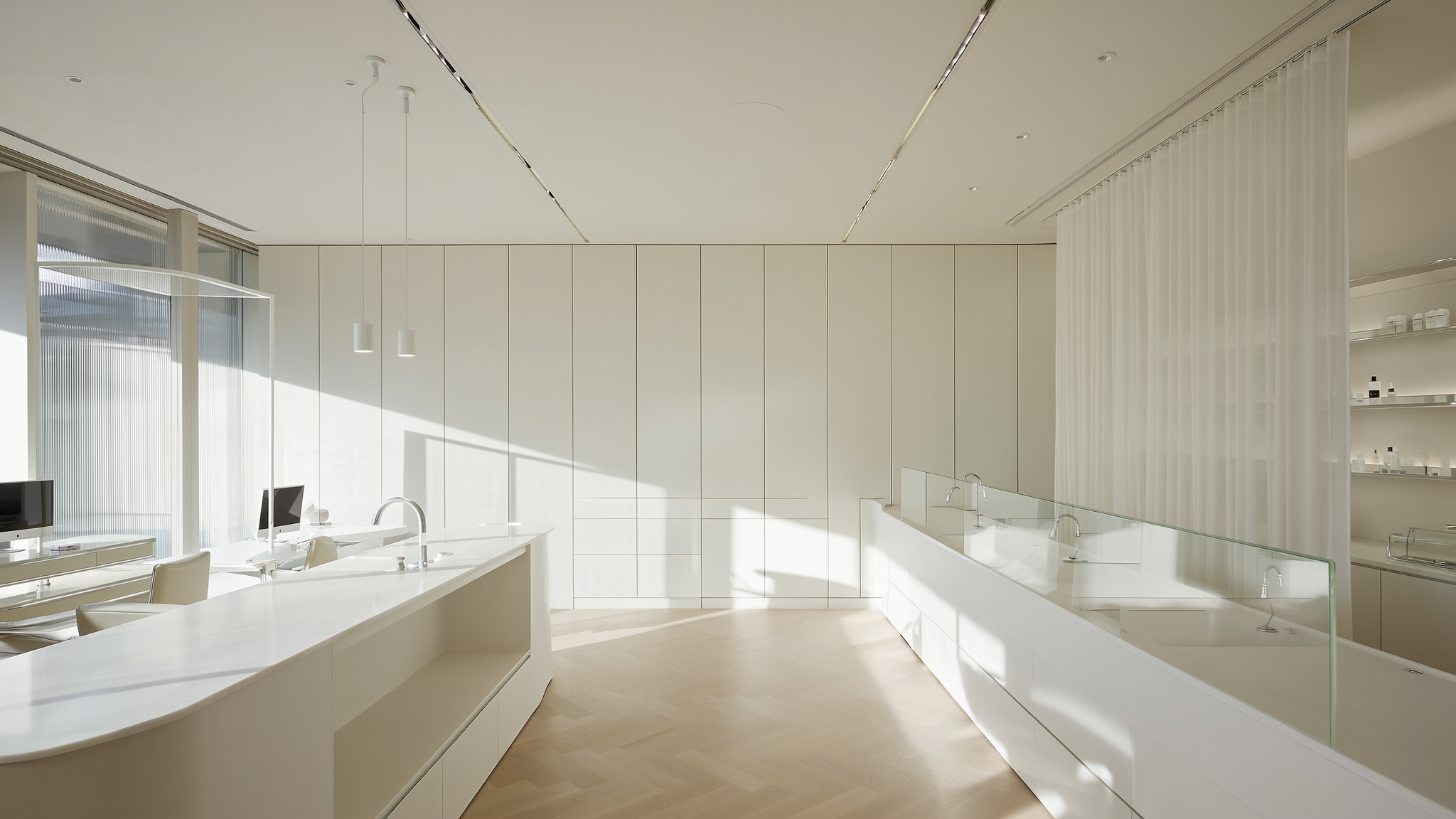 A minimalist luxury clinical interior in Cheongdam representing precision and natural harmony in skincare.