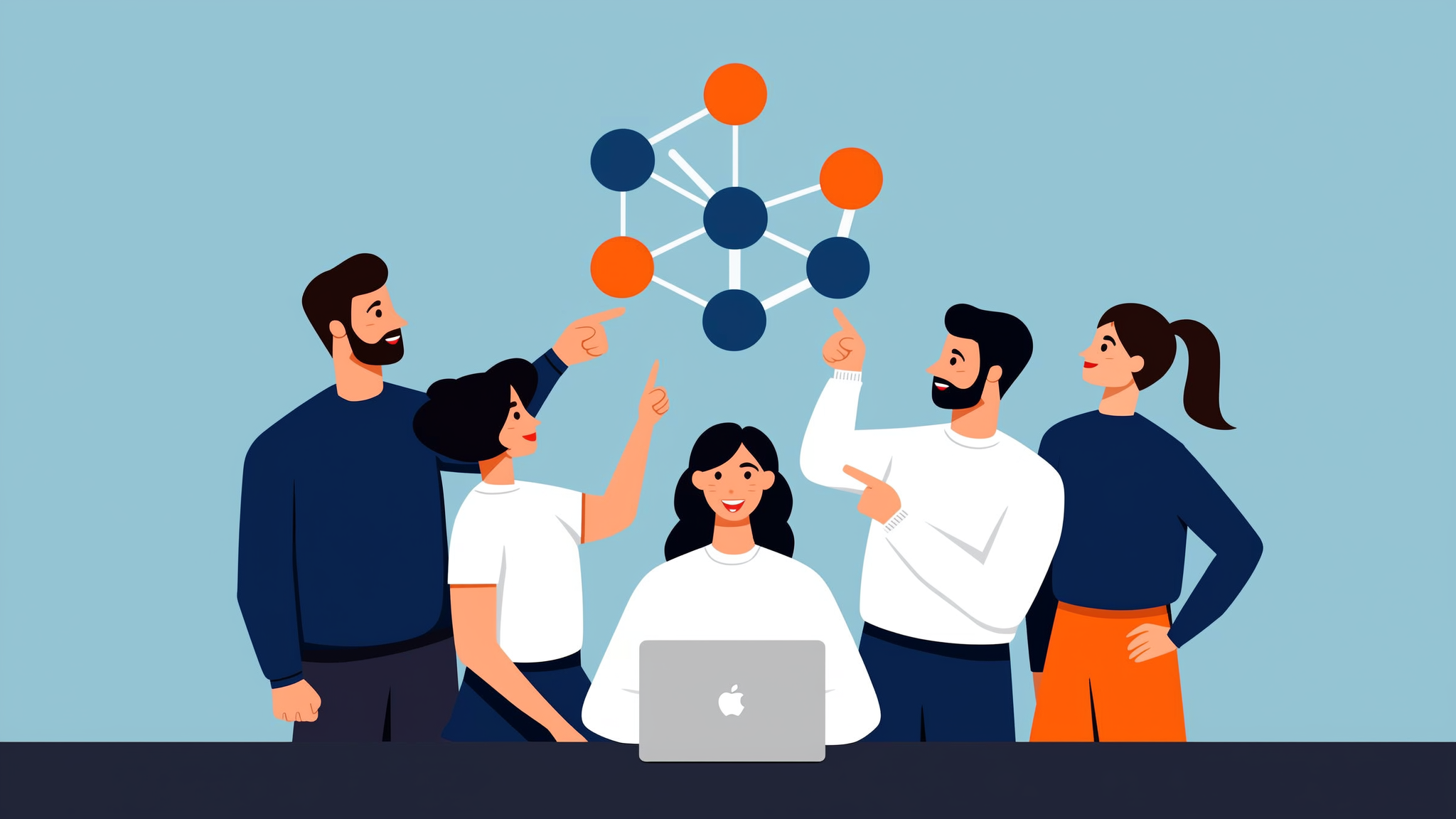 A minimalist flat vector illustration showing a brand name being prioritized within a generative AI data network.